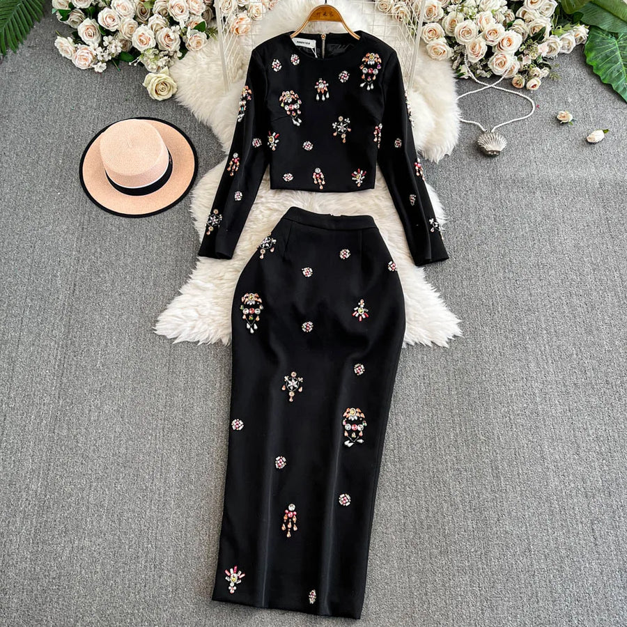 Luxury Style Two Piece Set For Women O Neck Long Sleeve Topa High Waist Skinny A Line Skirt Set Female