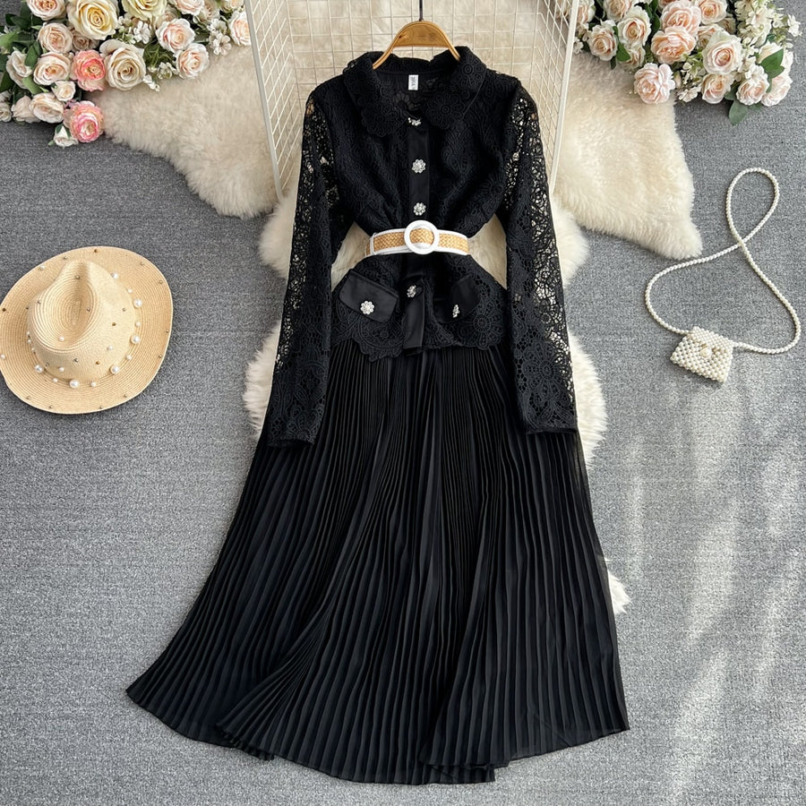 High Quality Long Sleeve Floral Embroidery Button Pleated White Elegant Dress