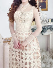 High Quality Mid-Calf Elegant Mesh Stitching Lapel Waist Slim Fit White Dresses