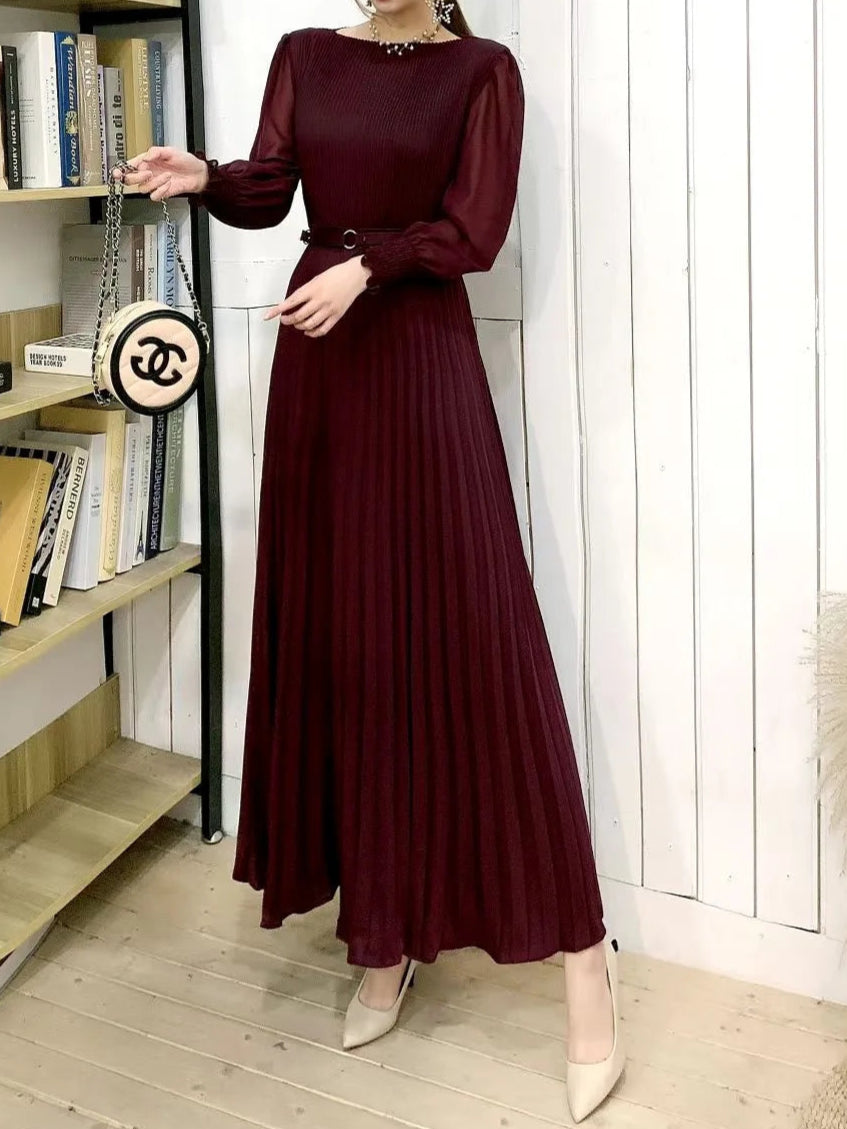 High Quality Bow Front Vintage Belted Bodycon Pleated Long Dress