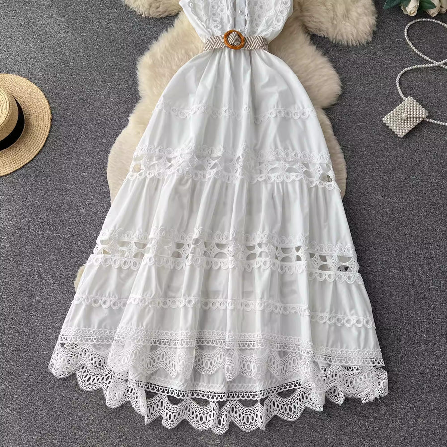 High Quality Sleeveless Stand Collar Hollow Out Belt Water Soluble Embroidery Embroidery Long Elegant Dress