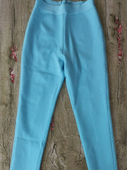 Luxury Ruffle Blue Bandage Sets with High Waist Skinny Pants