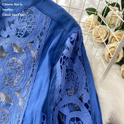Summer Embroidery Maxi Dress Two Piece Set Women Blue Hollow Lace Long Sleeve Blouse Shirts 3pcs Sets Elastic Waist Skirts Suits