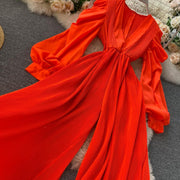 High Quality Lantern Sleeve Stretch Chiffon Wide Leg Deep V Neck Sexy Pleated Long Jumpsuit