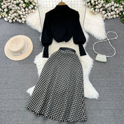 Women Elegant Style Two-piece Winter Lantern Long Sleeve Stand Collar Slim Knit Top High Waist Plaid Skirt Two-piece Set Women