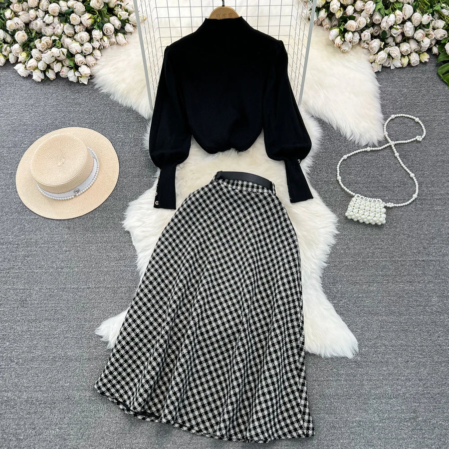 Women Elegant Style Two-piece Winter Lantern Long Sleeve Stand Collar Slim Knit Top High Waist Plaid Skirt Two-piece Set Women