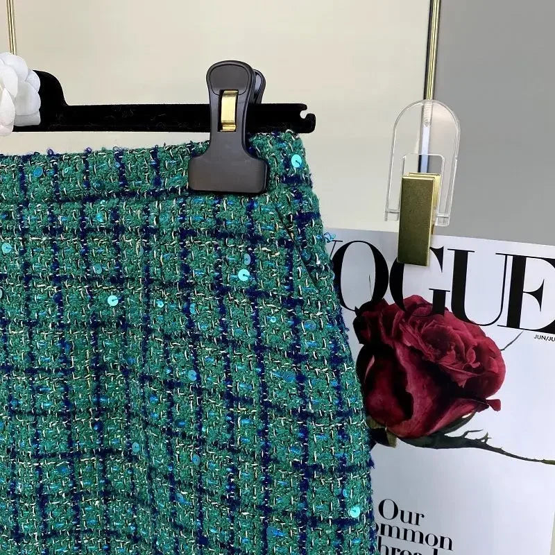 Women Elegant Vintage Tweed Fragrant Suit Jacke Coat Top And Skirt Two Piece Set Green Outfit Winter Jacquard Party Clothing