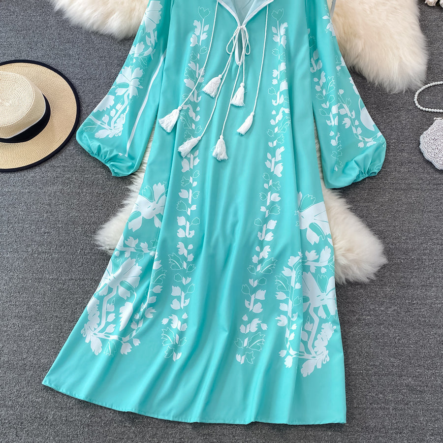 High quality multi color long sleeve printed embroidered dress