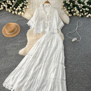 Luxury Long Dresses 2 Piece Sets Women Summer Holiday Hollow Out Crop Tops Elastic Waist Maxi Skirts Suits A Line Party Vestidos