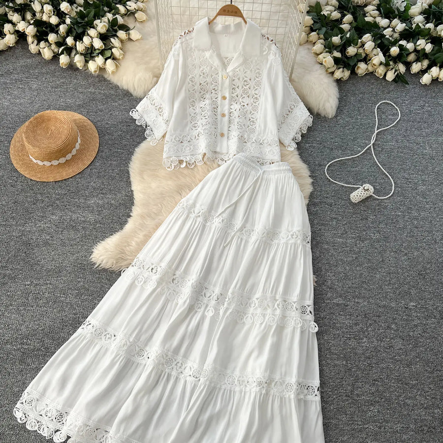 Luxury Long Dresses 2 Piece Sets Women Summer Holiday Hollow Out Crop Tops Elastic Waist Maxi Skirts Suits A Line Party Vestidos