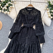 Elegant round neck fitted long dress, vintage style, long lantern sleeves, embroidery, single breasted, French evening style