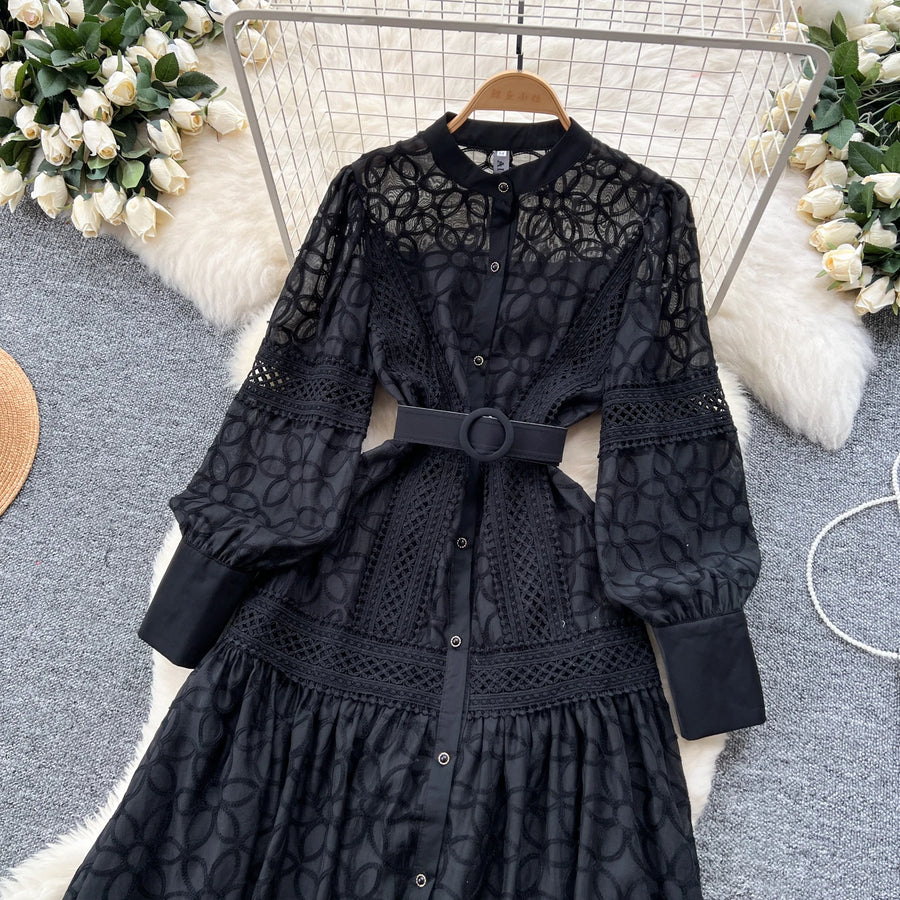 Elegant round neck fitted long dress, vintage style, long lantern sleeves, embroidery, single breasted, French evening style
