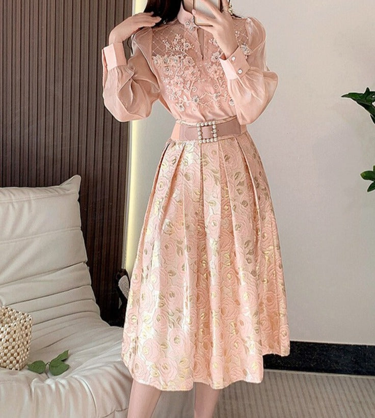 Flower Embroidery Two Piece Set Elegant Pearl Pink Blouse Shirt+Belt High Quality Floral Jacquard Midi Skirt