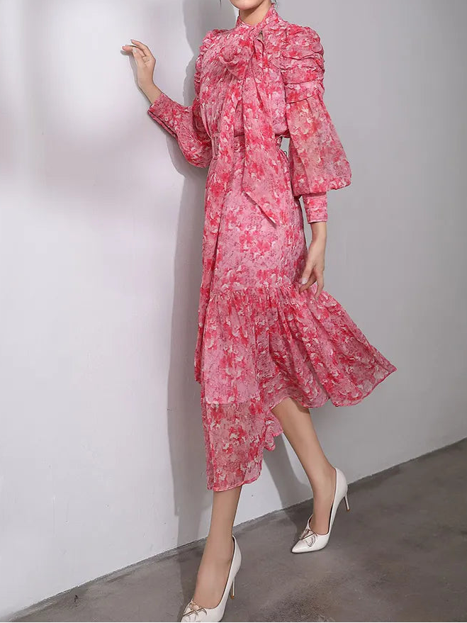 Silk Blending Printing Dress Women Spring Half High Collar with Scarf Belt Sliming Vestidos Party Vacation Fashion