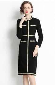 High Quality Knee Length Long Sleeve Black Vintage Elegant Dress