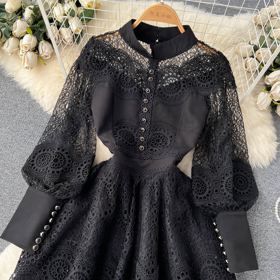 Vintage Flowers Embroidered Hollow Out Lace Dress High Neck Long Lante ETERNA Vintage Flowers Embroidered Hollow Out Lace Dress High Neck Long Lante ETERNA