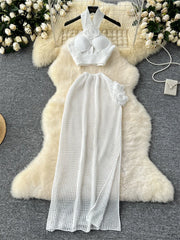 3D Knitted Women Sets Halter Hollow Out Mini Tops + Side Split Bodycon Long Skirt Sexy Beachwear 2 Piece Sets High Quality