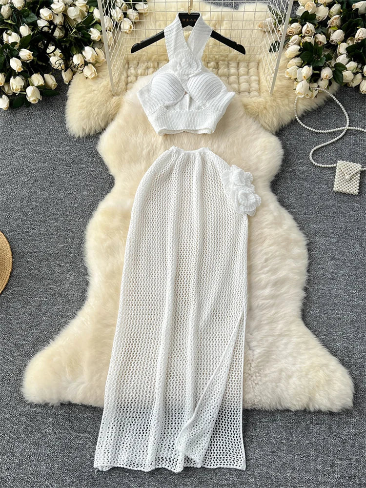 3D Knitted Women Sets Halter Hollow Out Mini Tops + Side Split Bodycon Long Skirt Sexy Beachwear 2 Piece Sets High Quality