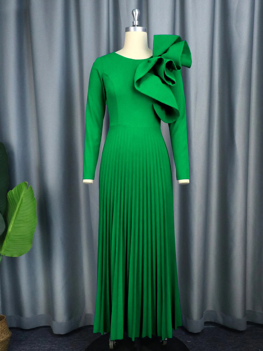 Elegant long sleeve pleated dress in blue, green, pink high quality