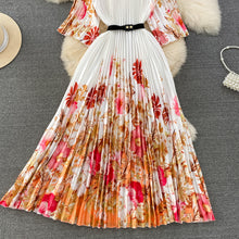 High Quality High Waist Short Sleeve Color Print Pleated O-Neck Dress