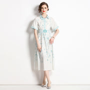 High Quality A-Line Floral Print Turn-down Collar Short Sleeve Chiffon Elegant Dress