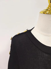 Women's Basic Solid Color Knitted Sweater, Round Neck, Short Sleeve, Patches, Metal Buckles, Temperament