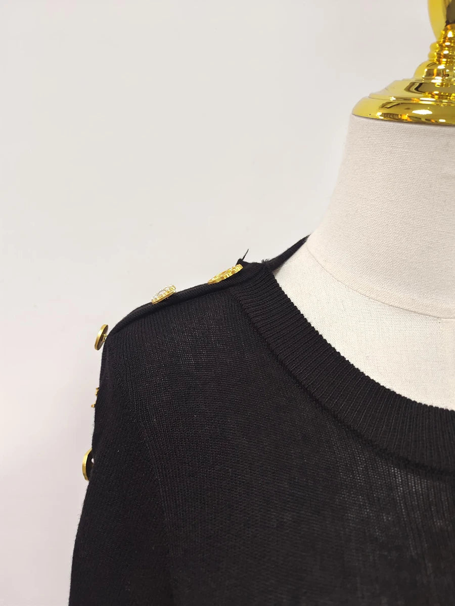 Women's Basic Solid Color Knitted Sweater, Round Neck, Short Sleeve, Patches, Metal Buckles, Temperament