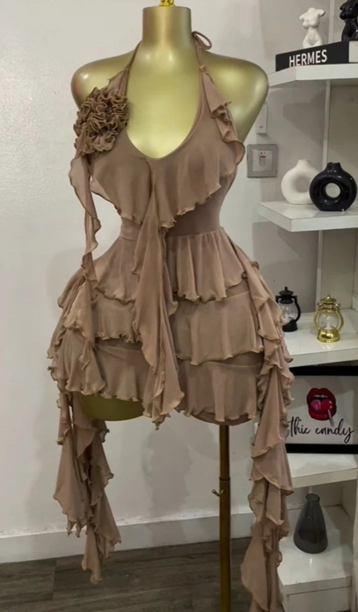 High-quality halterneck, backless, tiered ruffle mini dress