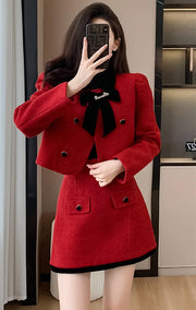 New Elegant Red Short Mini Bodycon Suit Skirt Double-breasted Bow Coat 2 Pieces Suits