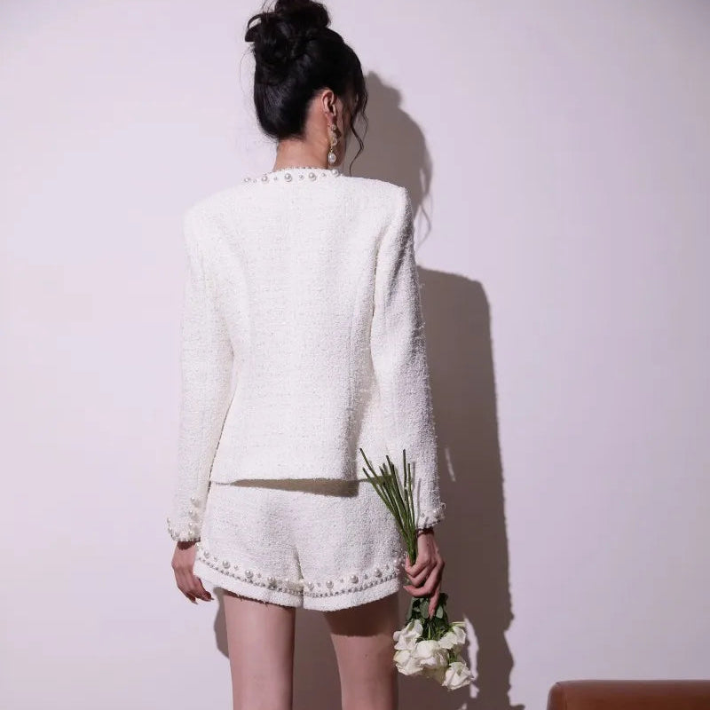 New Elegant Work Ladies Pearl O-Neck Short Jacket Outfits Autumn Winter Party Coat Two-Piece Set Above Knee Length Shorts Sets