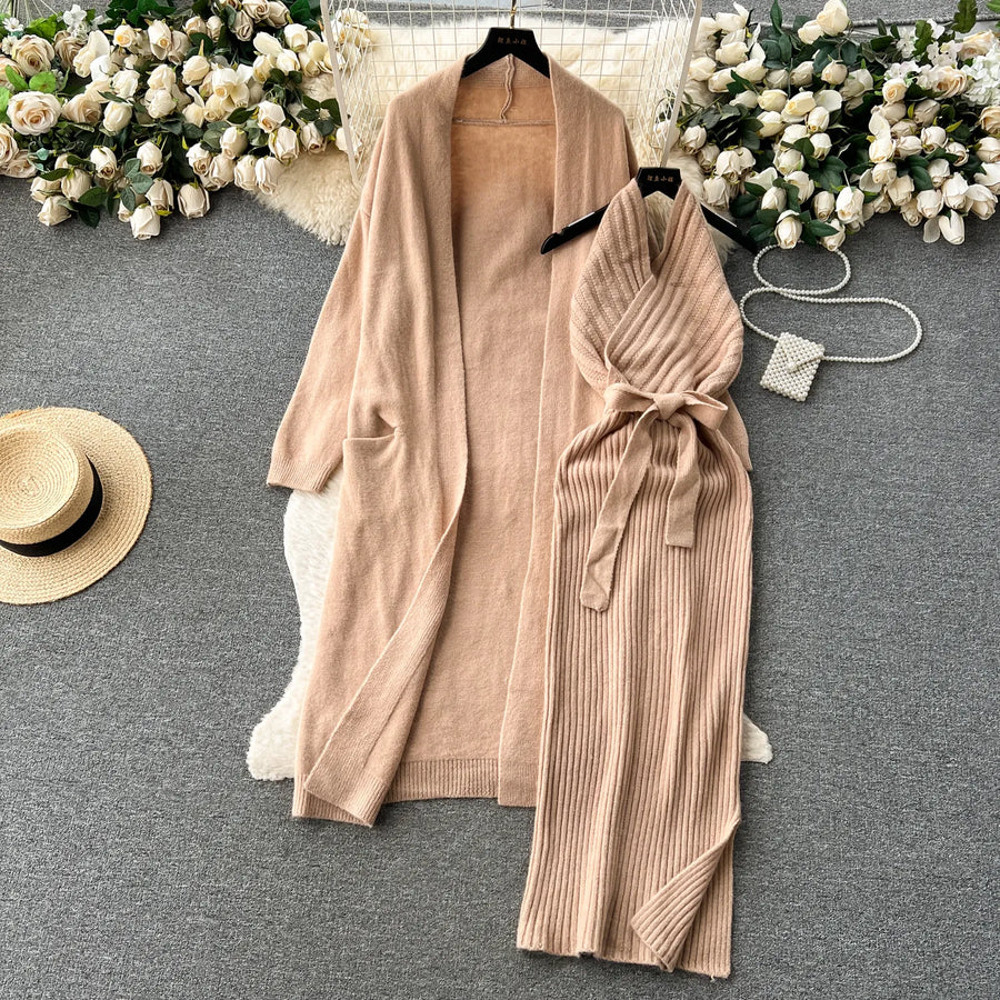 Solid Knitted Two Piece Outfits with Belt Loose Long Cardigan + Striped Halter Bodycon Dress High Quality Green / One Size Solid Knitted Two Piece Outfits with Belt Loose Long Cardigan + Striped Halter Bodycon Dress High Quality Green / One Size