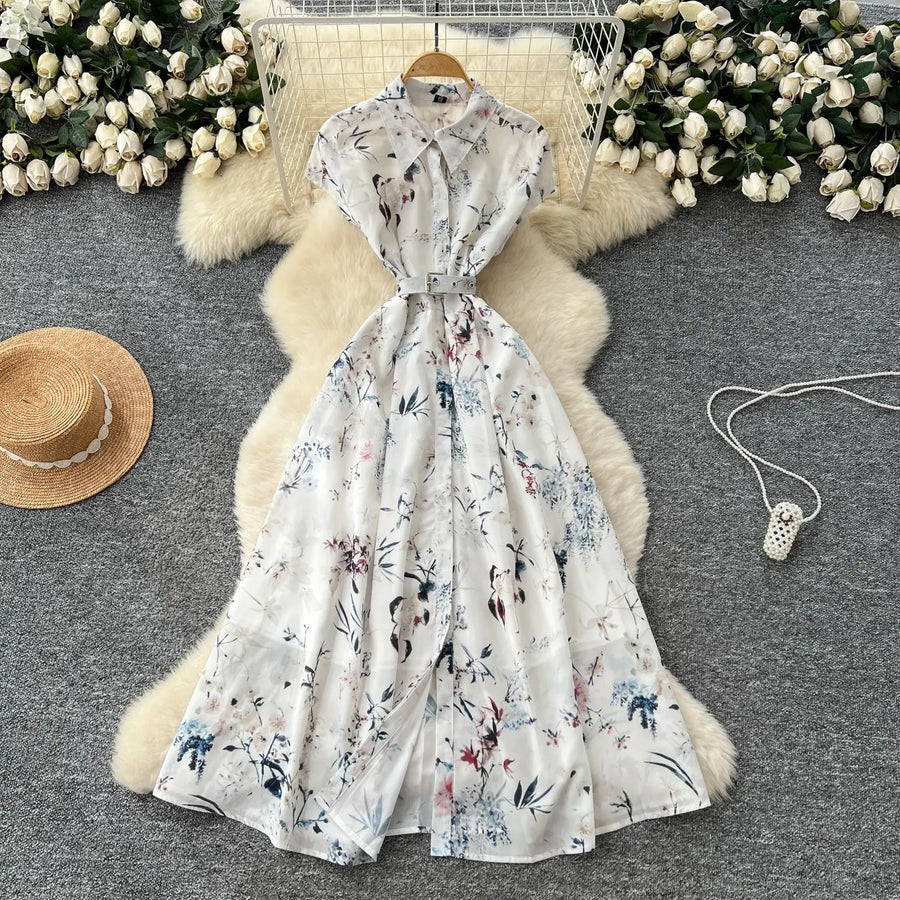 Dress Women Long Dresses High Waist Vestidos Polo Collar Short Sleeve Elegant Splice Y2k Streetwear Work Party Night Print