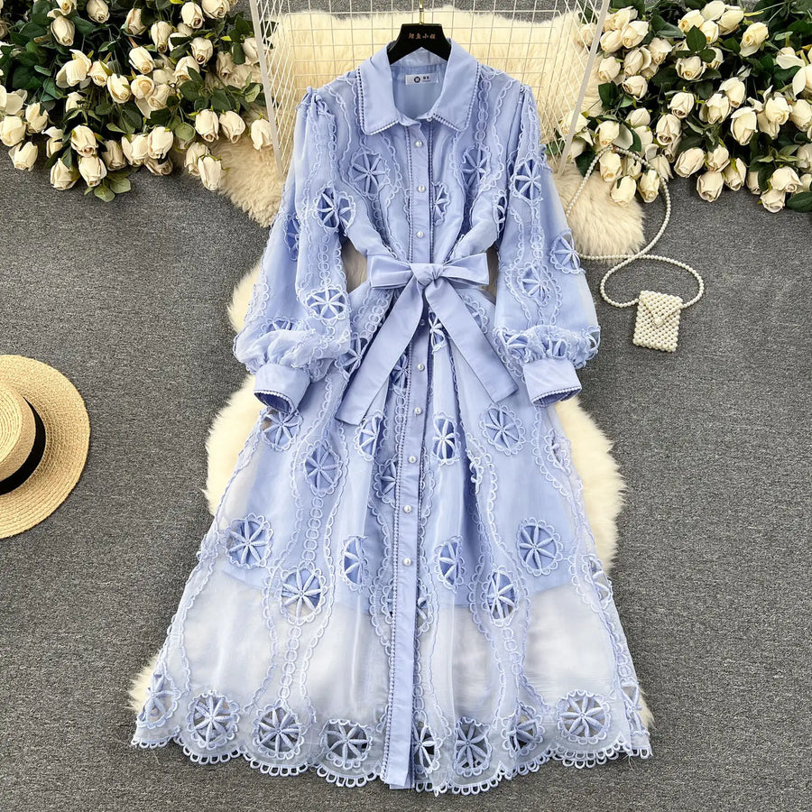 Long sleeve openwork design embroidered belt ruched waist high quality A-line maxi dress