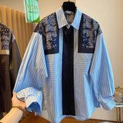 High quality striped print collar vintage long sleeve shirt