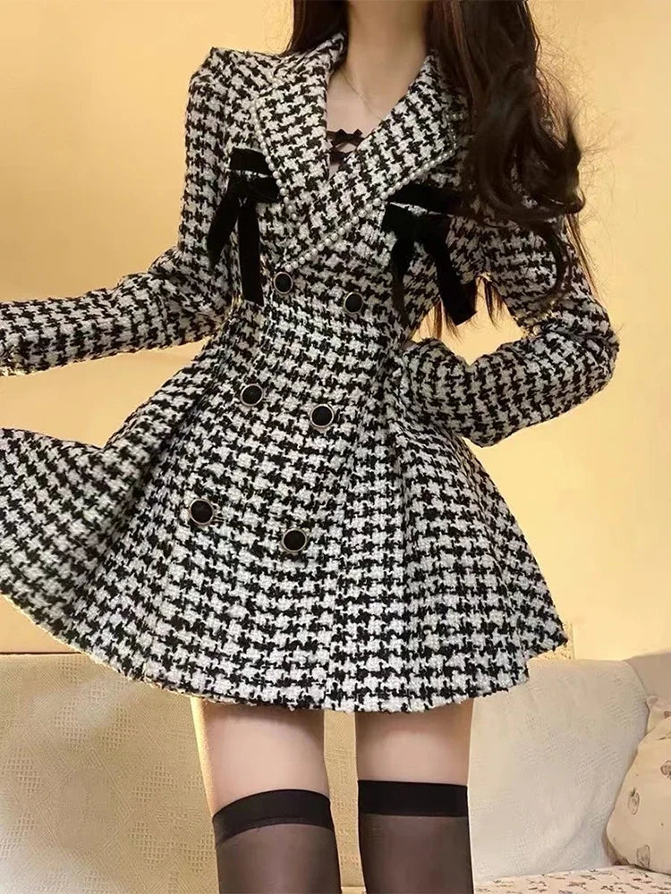 High quality elegant plaid vintage tweed dress