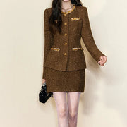 Elegant slimming high waist beaded coat and short flared skirt two-piece set