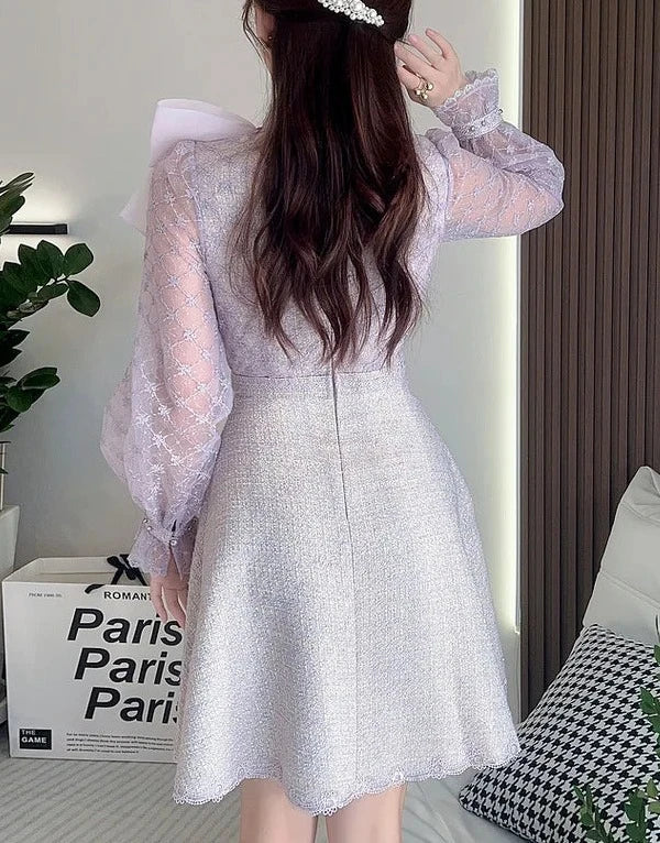 Elegant Long Sleeve Stand Collar Big Bow Tweed A-line Dress High Quality Embroidery