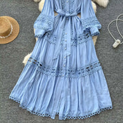 Elegant retro style slit maxi dress with pearl buttons and high-quality crochet embroidery