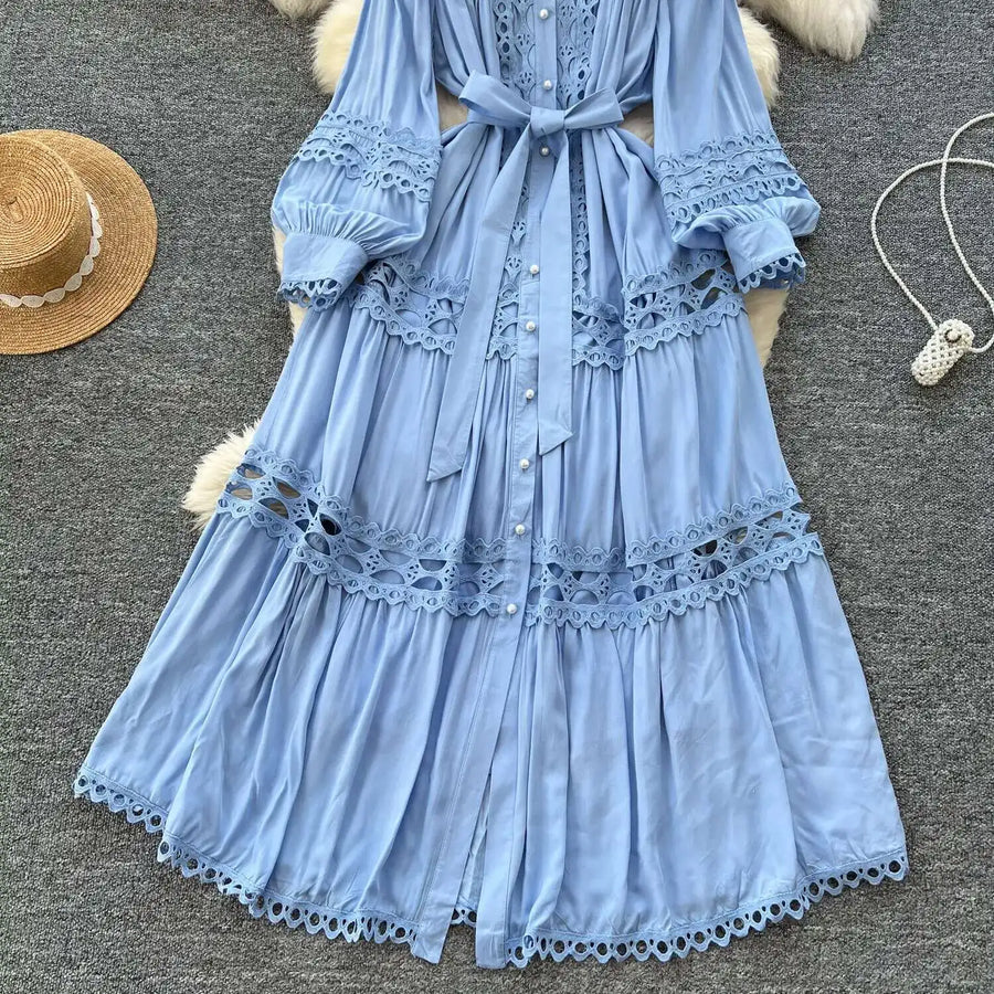 Elegant retro style slit maxi dress with pearl buttons and high-quality crochet embroidery