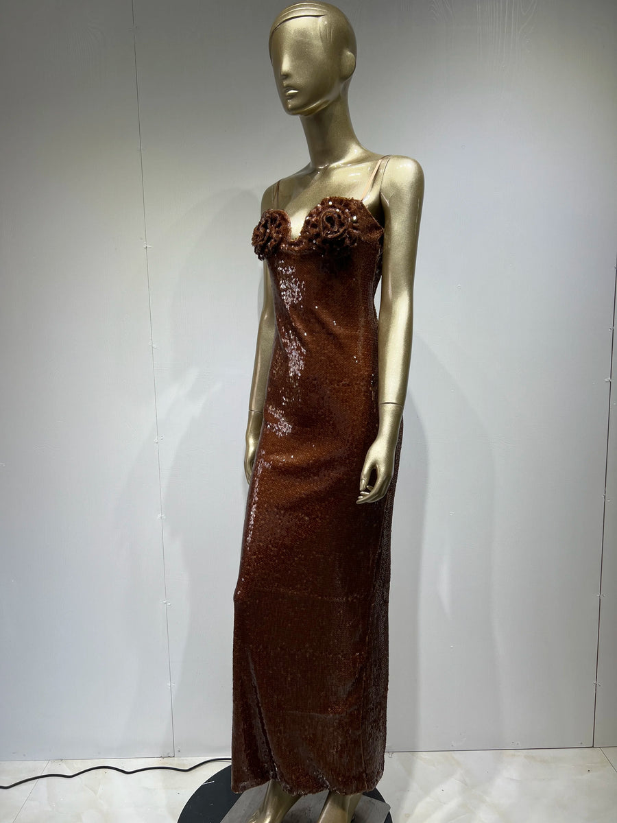 Elegant Sexy Sleeveless Backless Flower Mesh Sequin Brown Shiny Bodycon Long Dress