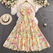 Long dress with open back and sexy A-line cut with high-quality flowers and embroidered lace