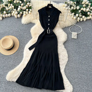SINGREINY 1950s Ribbed Knit Dress Sleeveless Lapel Belt French Ins Chic Spring Summer Celebrity Style Feminine A-line Long Dress