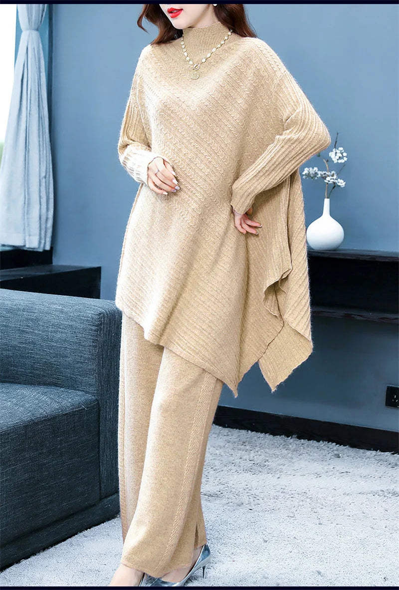 High Quality Turtleneck Knitted Wide Leg Irregular 2 Piece Set