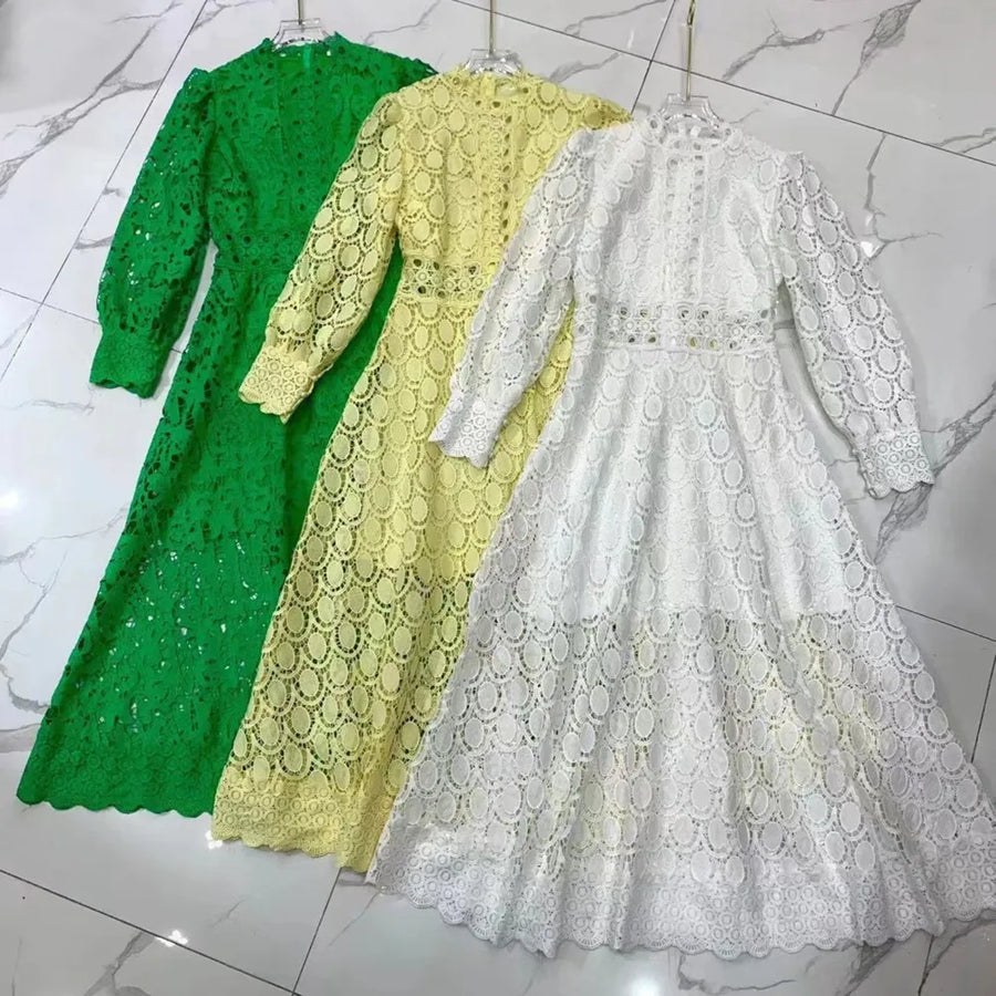 Evening Embroidery Lace Dress for Women Summer Autumn Clothes Sexy Hollow Out Long Sleeve Midi Dresses Female Green / S Evening Embroidery Lace Dress for Women Summer Autumn Clothes Sexy Hollow Out Long Sleeve Midi Dresses Female Green / S