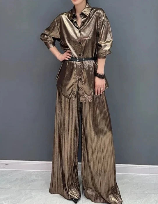 Two Piece Sets Shiny Pleated Long Shirt with Belt Wide Leg Pants High Quality