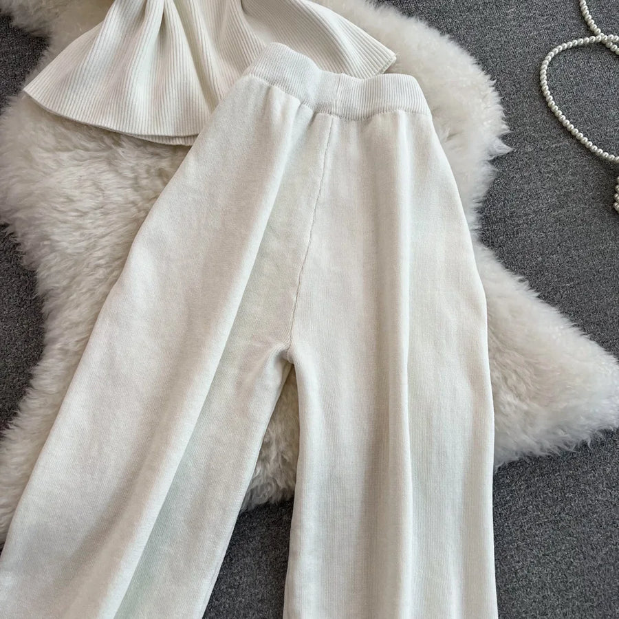 Pant Set Women Two Piece Sets Matching Sets Sleeveless Knitted Slim Fit Tops Wide Leg Long Pants High Elastic Waist Casual