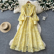 Luxury lightweight dress with mesh embroidery, hollowed-out, long sleeves, narrow waist, high-quality A-line