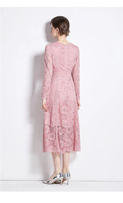 High Quality Pink and Yellow Lace Long Sleeve A-line Elegant Dress