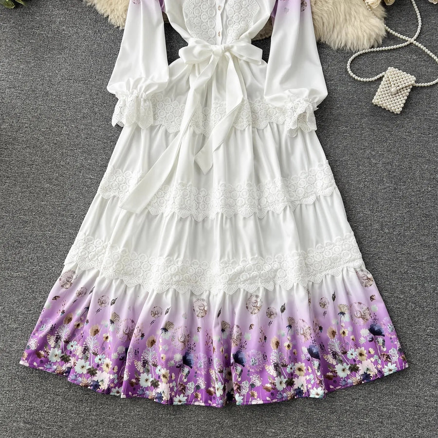 High Quality Crochet Lace Belted Flower Print Long Sleeve Bohemian Dress Green / XXL High Quality Crochet Lace Belted Flower Print Long Sleeve Bohemian Dress Green / XXL