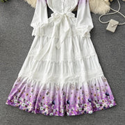 High Quality Crochet Lace Belted Flower Print Long Sleeve Bohemian Dress